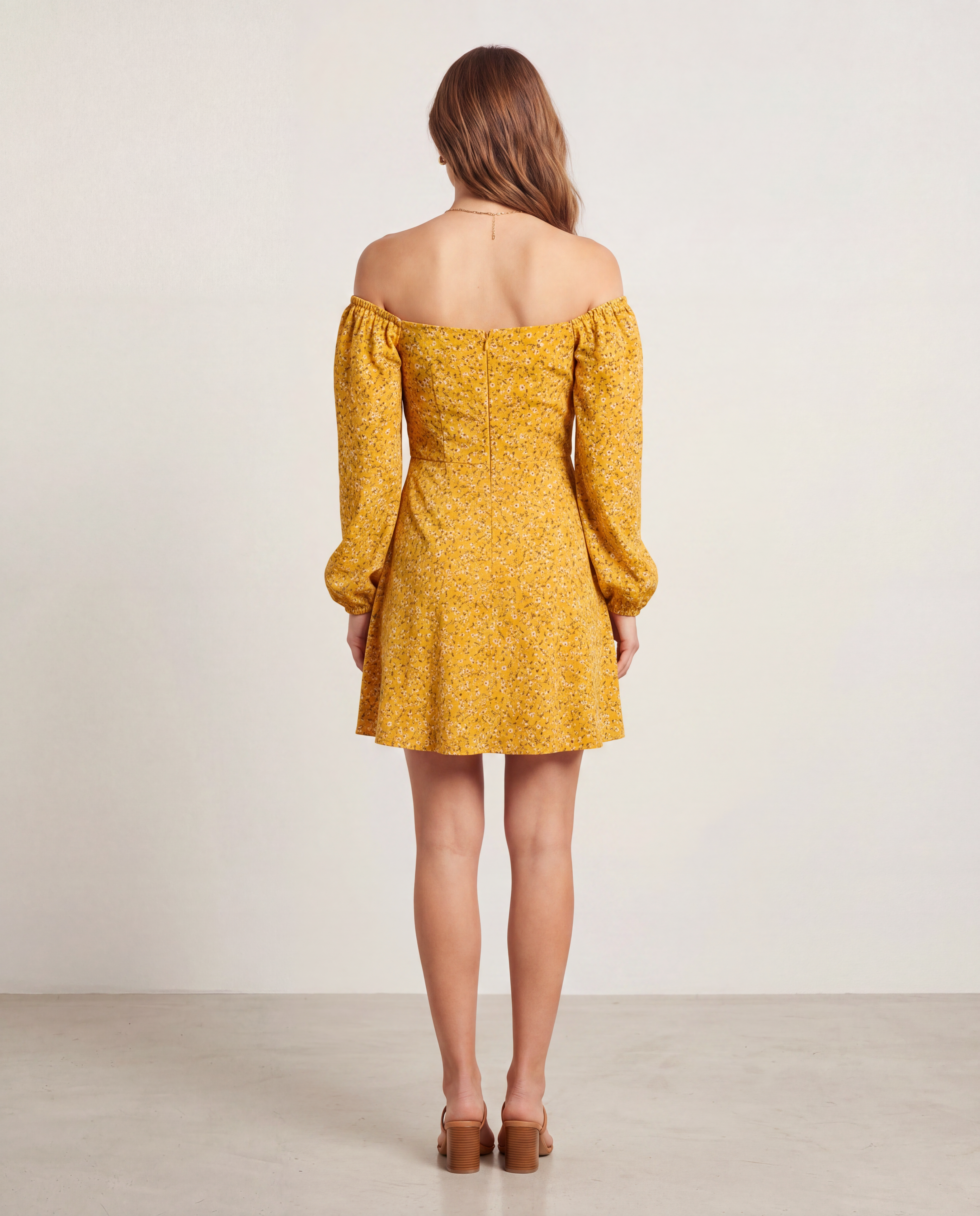 Floral off-shoulder puff sleeve mini dress by ROMAR featuring a fitted bodice and flowy skirt, perfect for summer outings.