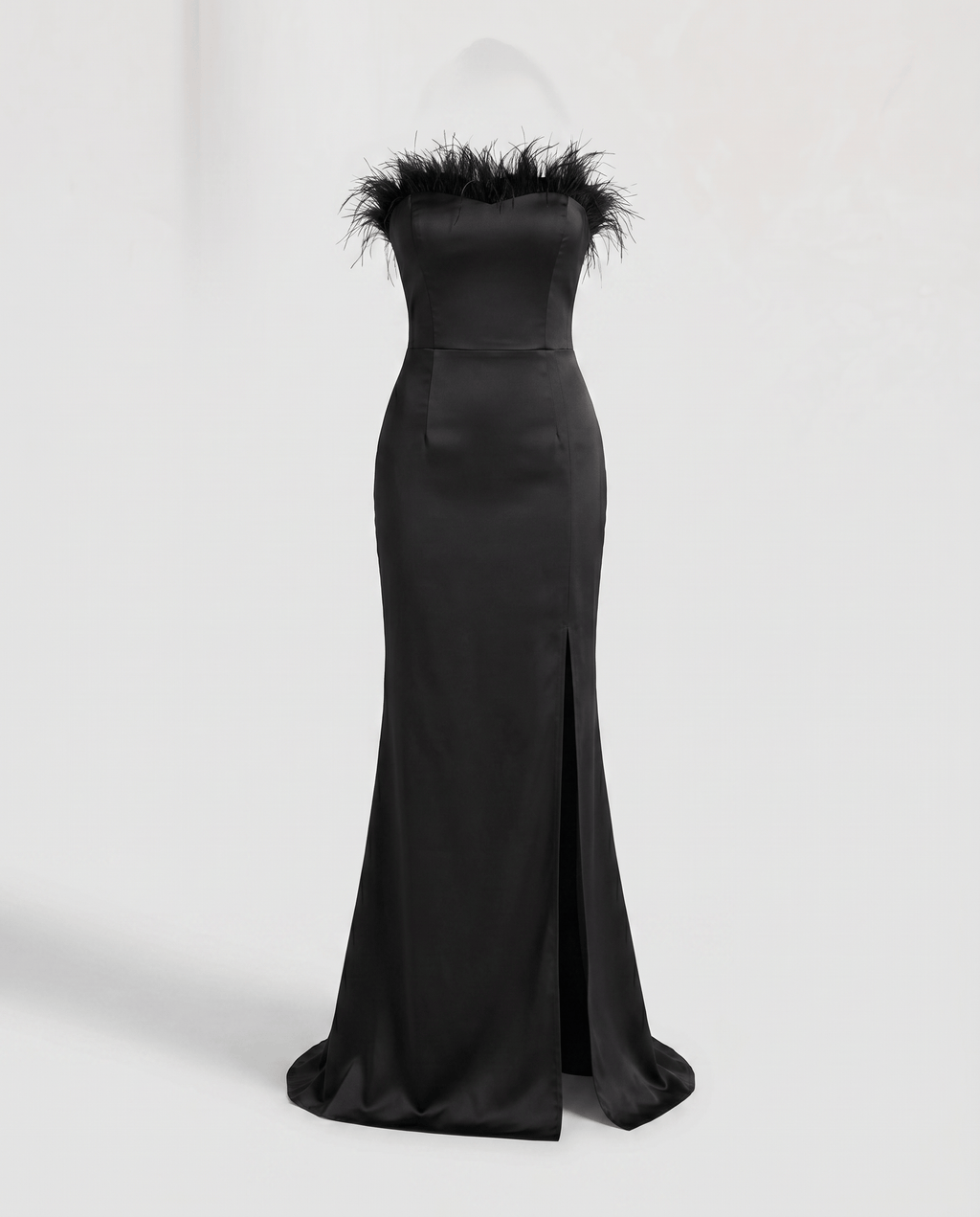 ROMAR feather trim strapless satin maxi dress with elegant design, featuring a flowing silhouette and delicate feather accents.