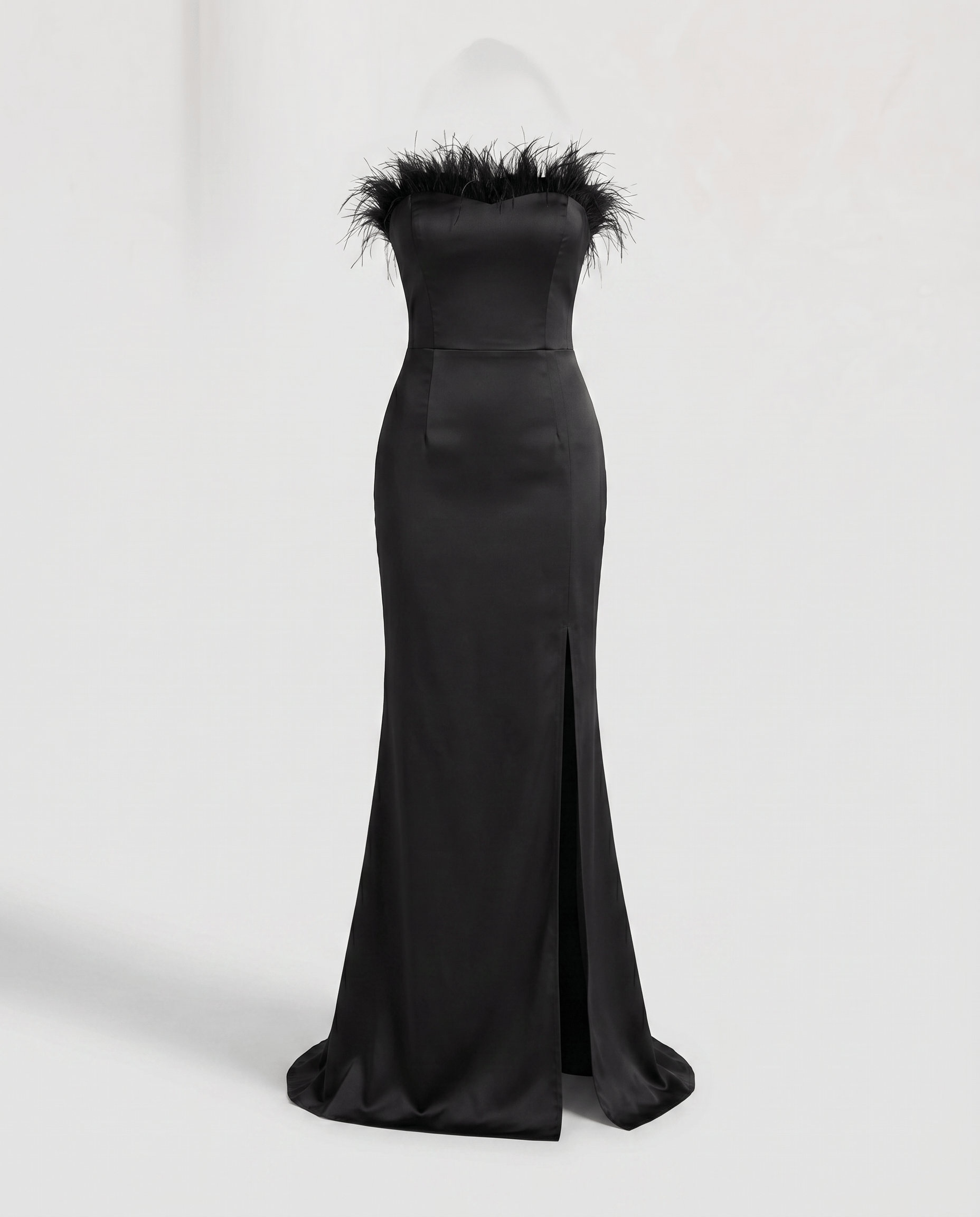 ROMAR feather trim strapless satin maxi dress with elegant design, featuring a flowing silhouette and delicate feather accents.