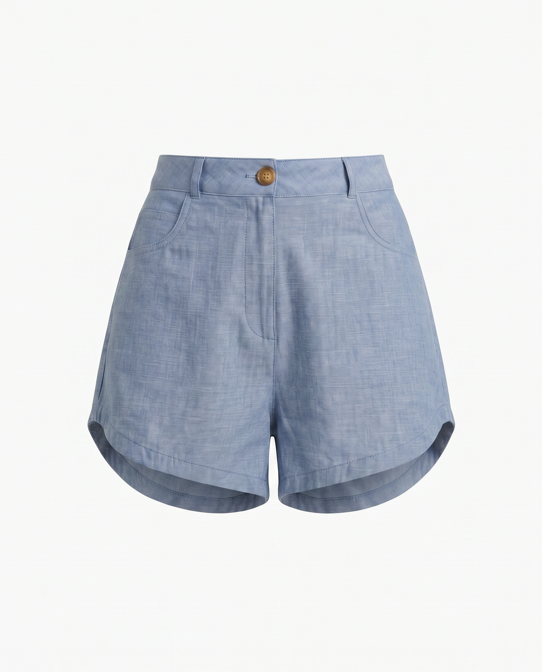 Romar high waist tailored chambray shorts featuring a fitted design, classic blue fabric, and front and back pockets.