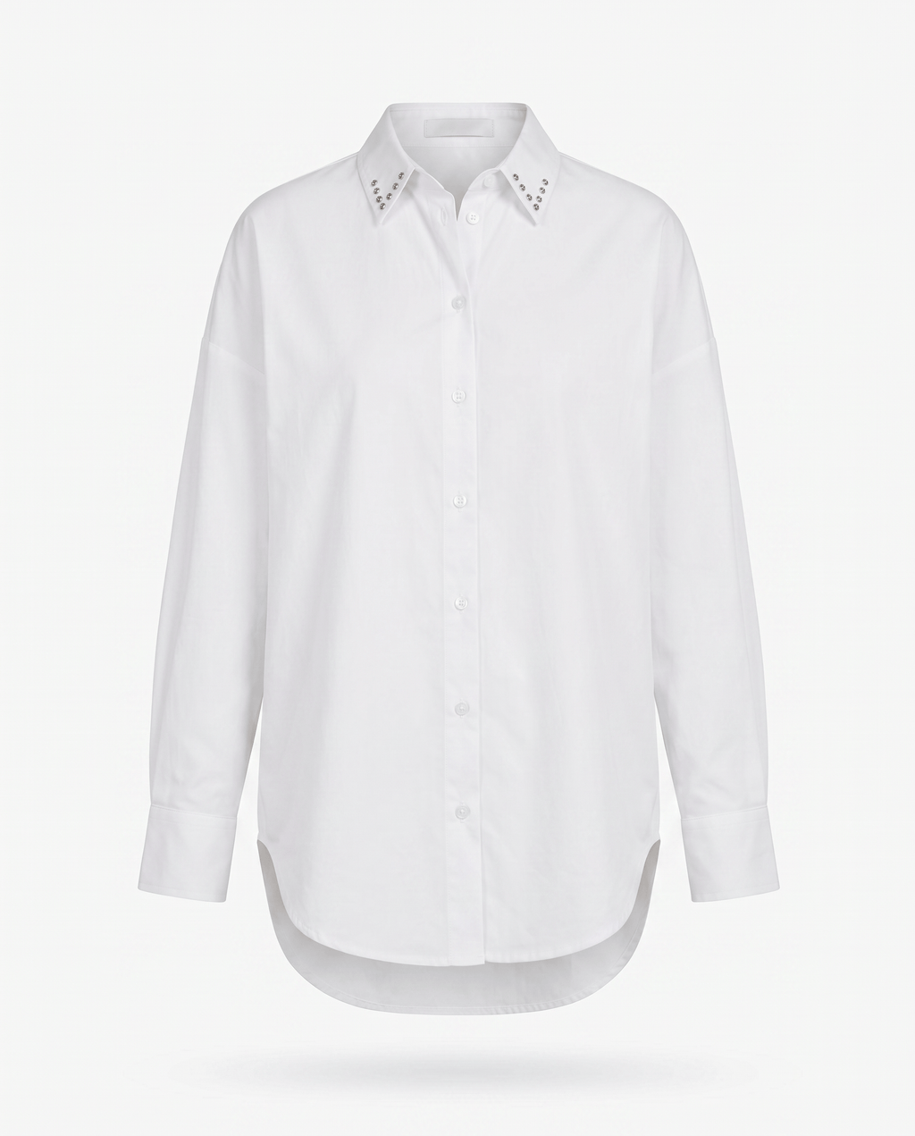 Oversized white cotton shirt with studded collar, ROMAR brand, featuring a relaxed fit and stylish detailing.