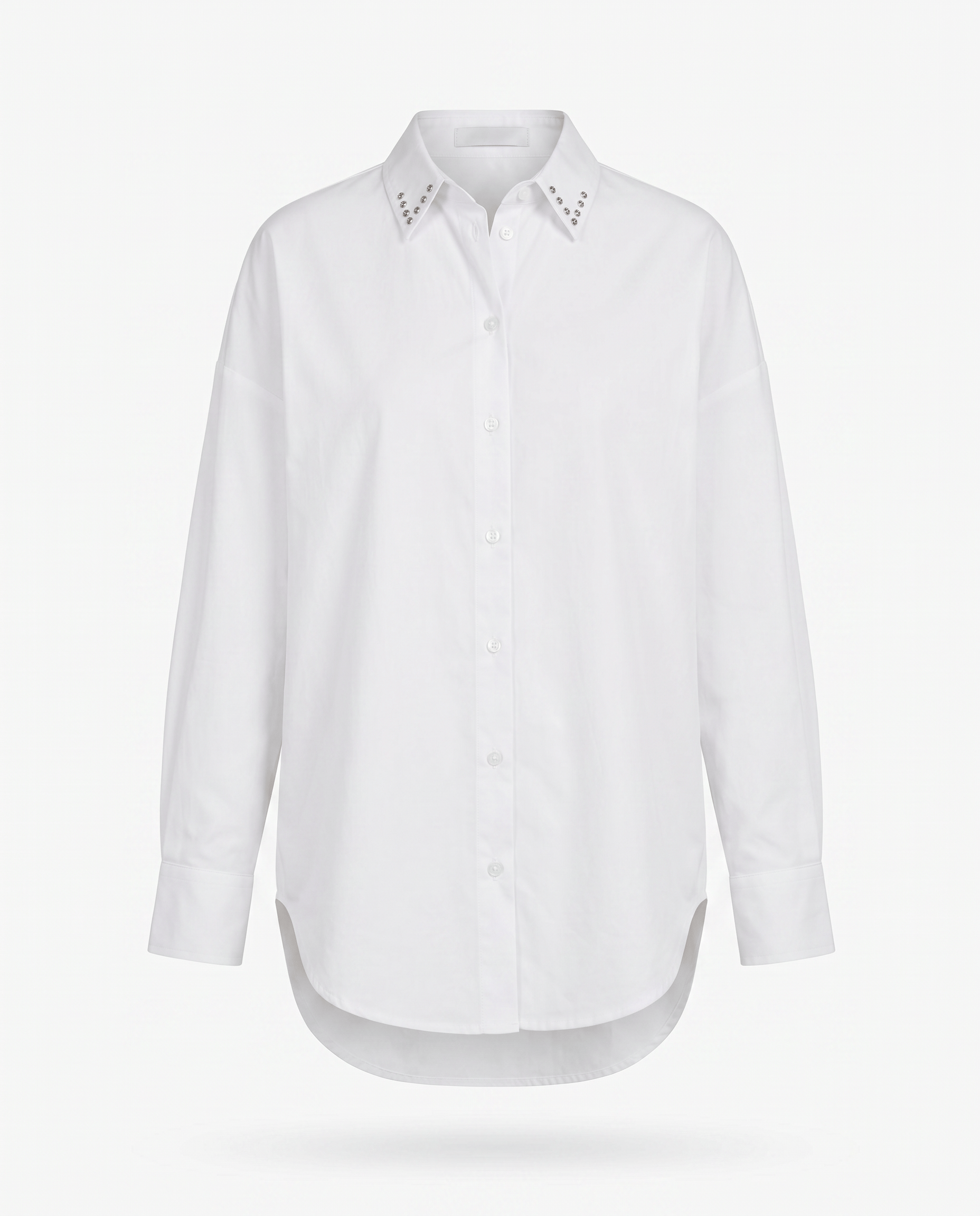 Oversized white cotton shirt with studded collar, ROMAR brand, featuring a relaxed fit and stylish detailing.