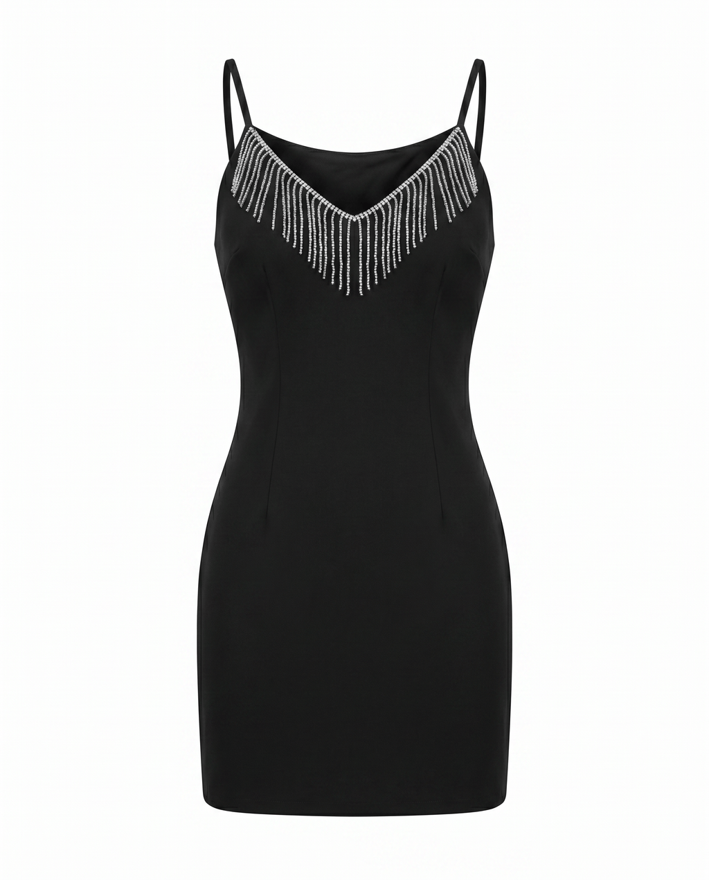 ROMAR Crystal Fringe V-Neck Mini Dress featuring shimmering crystal embellishments and a stylish V-neck design.