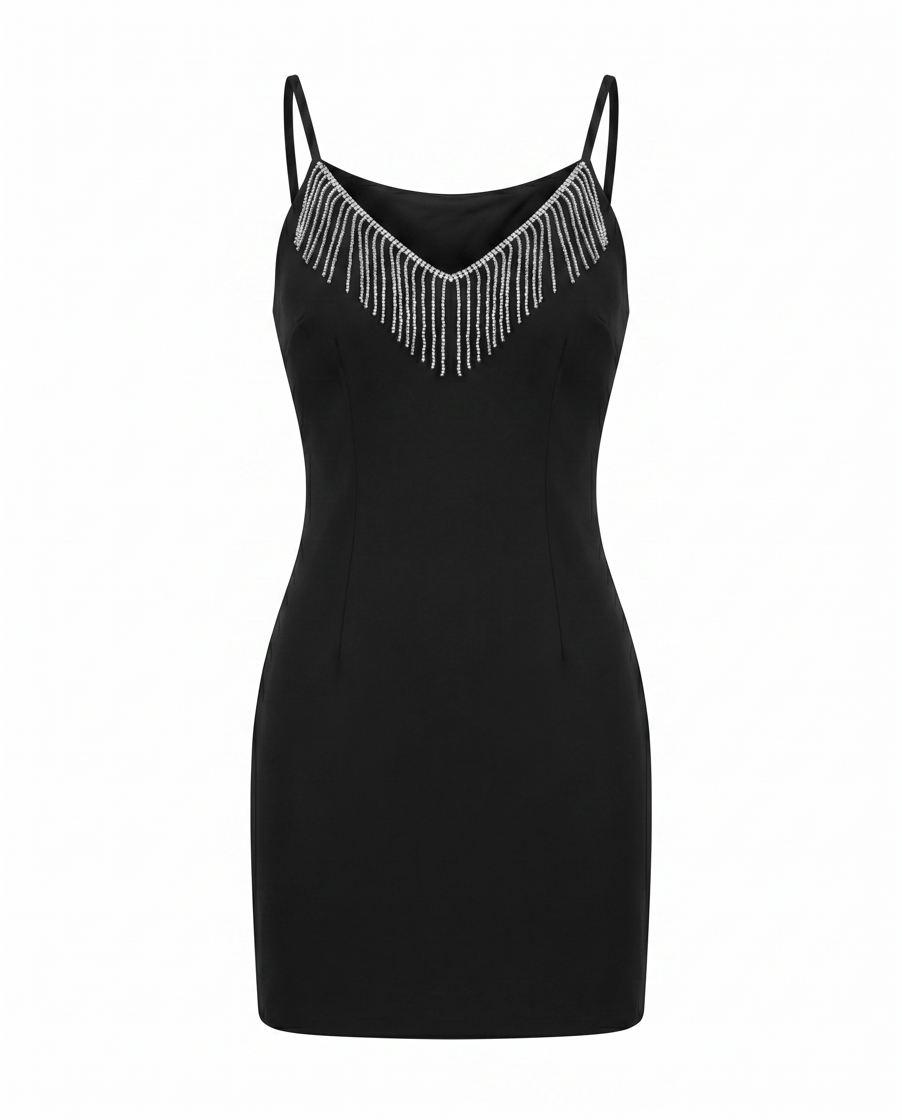 ROMAR Crystal Fringe V-Neck Mini Dress featuring shimmering crystal embellishments and a stylish V-neck design.