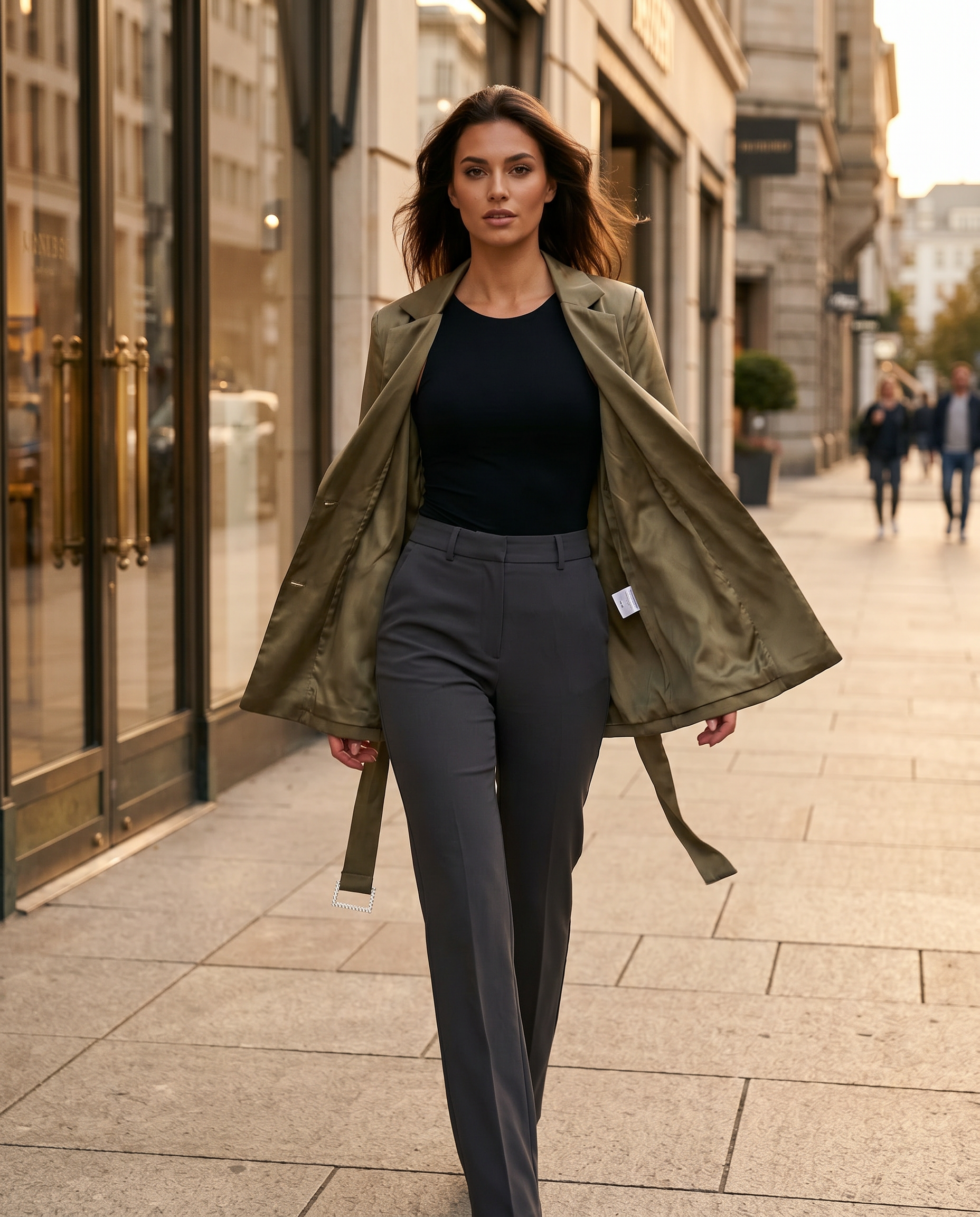 ROMAR satin blazer with crystal buckle belt, stylish jacket featuring a sleek design and elegant details.