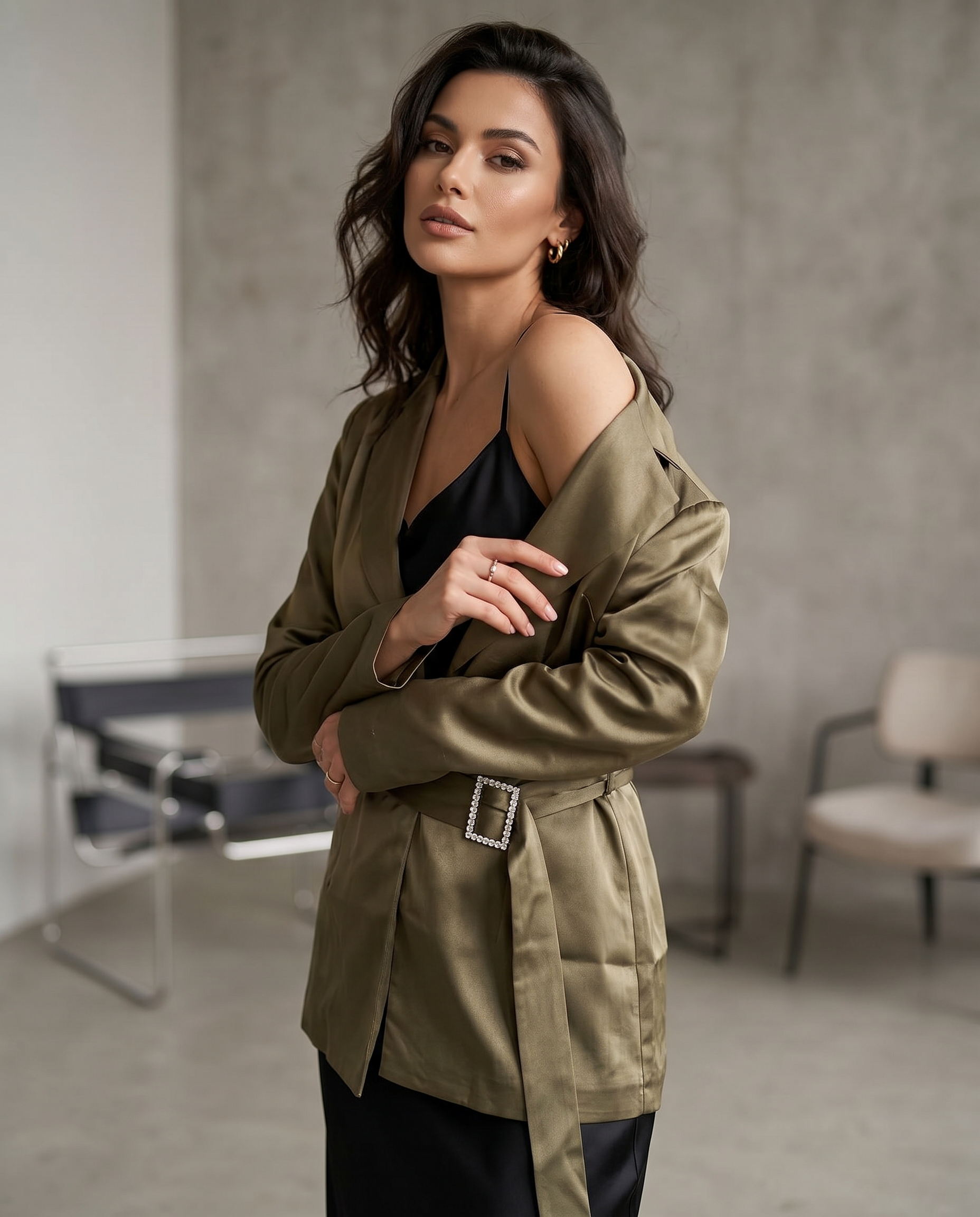 ROMAR Satin Crystal Buckle Belted Blazer, stylish jacket with satin finish and crystal buckle detail, perfect for elegant look