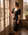 ROMAR pearl embellished puff sleeve satin midi dress featuring elegant design and luxurious fabric, ideal for special occasions.