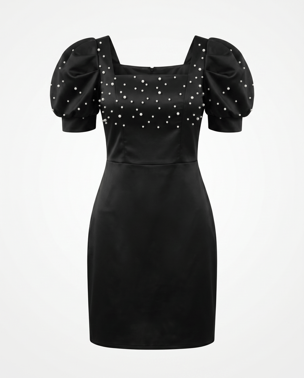 Pearl-embellished puff sleeve satin midi dress by ROMAR, showcasing elegant draping and intricate pearl details.