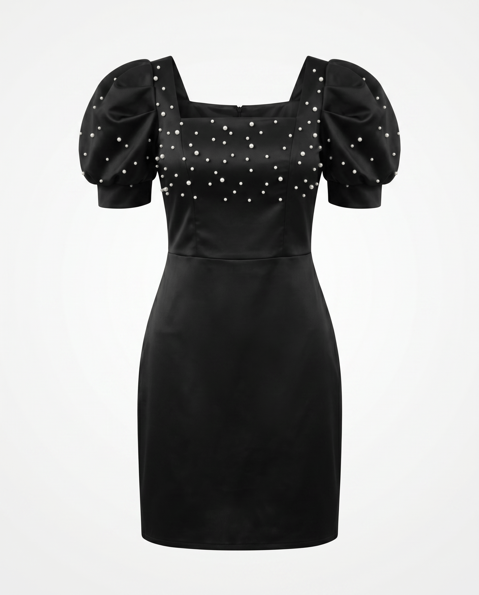 Pearl-embellished puff sleeve satin midi dress by ROMAR, showcasing elegant draping and intricate pearl details.
