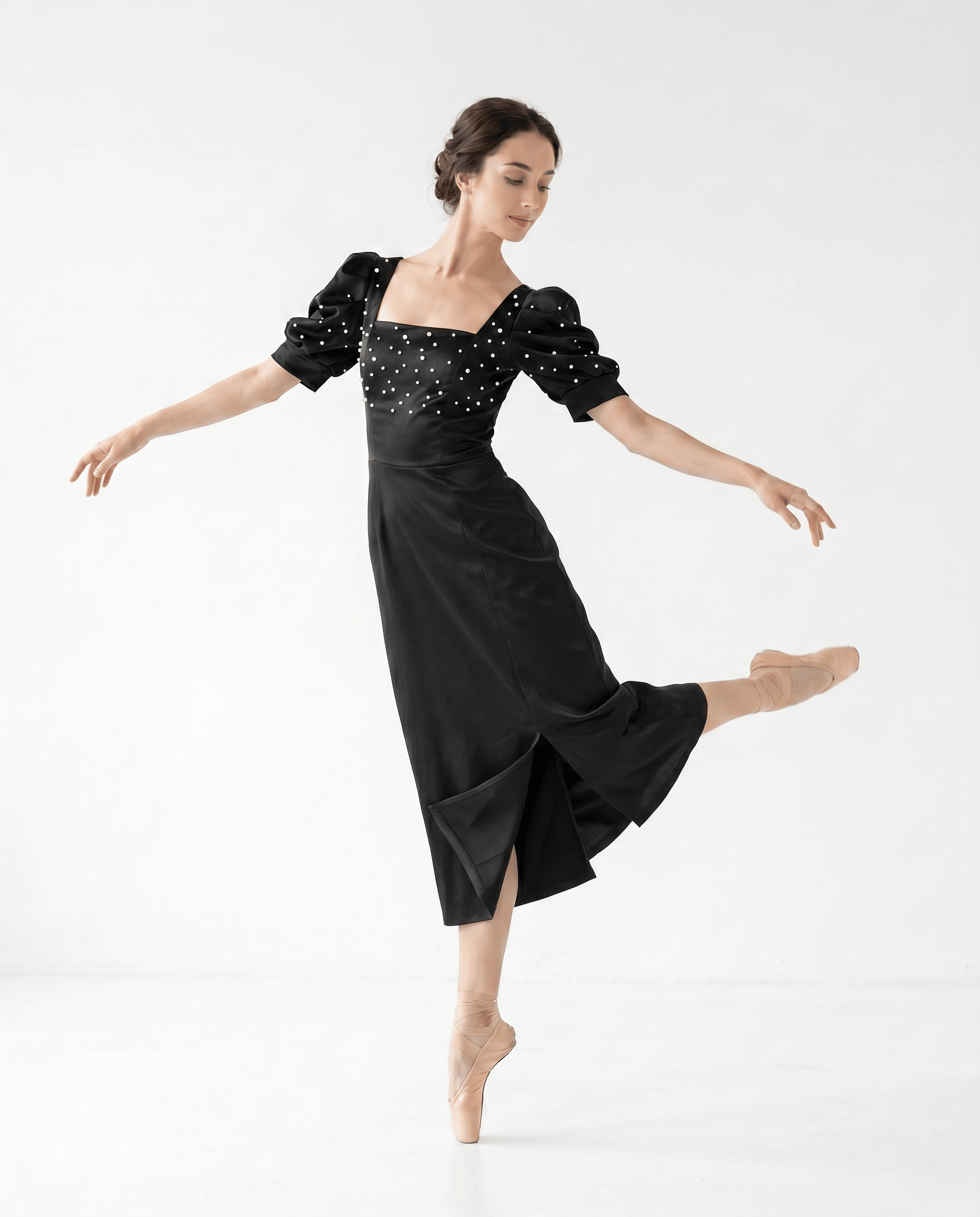 Pearl-embellished puff sleeve satin midi dress by ROMAR, featuring a smooth satin fabric and elegant design.