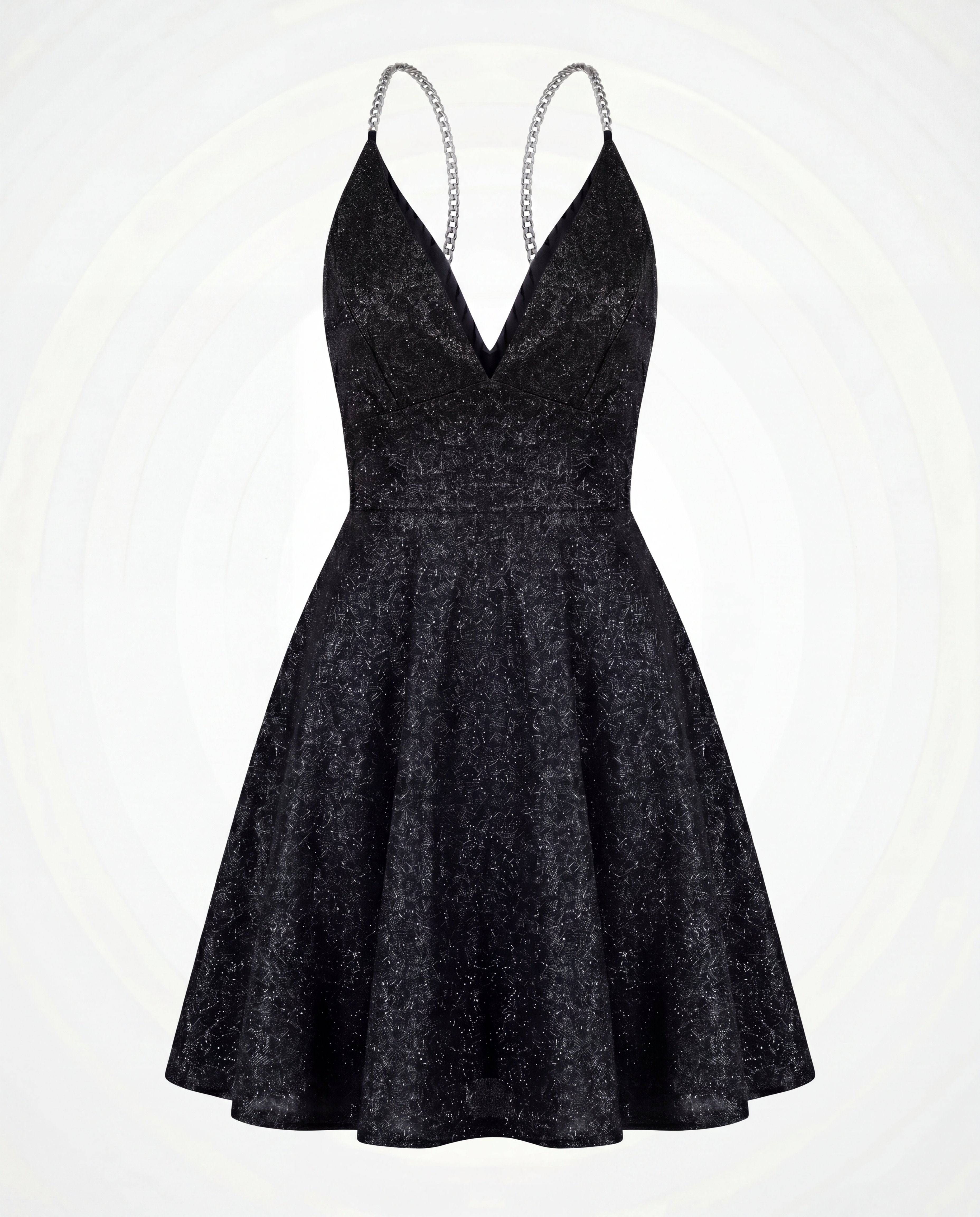 ROMAR glitter chain strap skater mini dress, stylish sleeveless dress with metallic chain details, perfect for parties and nights out