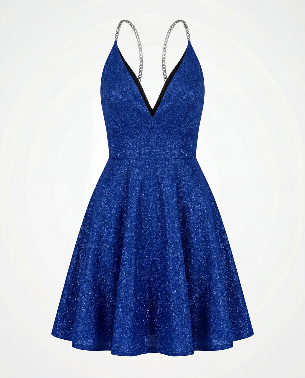 ROMAR glitter chain strap skater mini dress featuring a stylish design with shiny chain straps and a fitted silhouette.