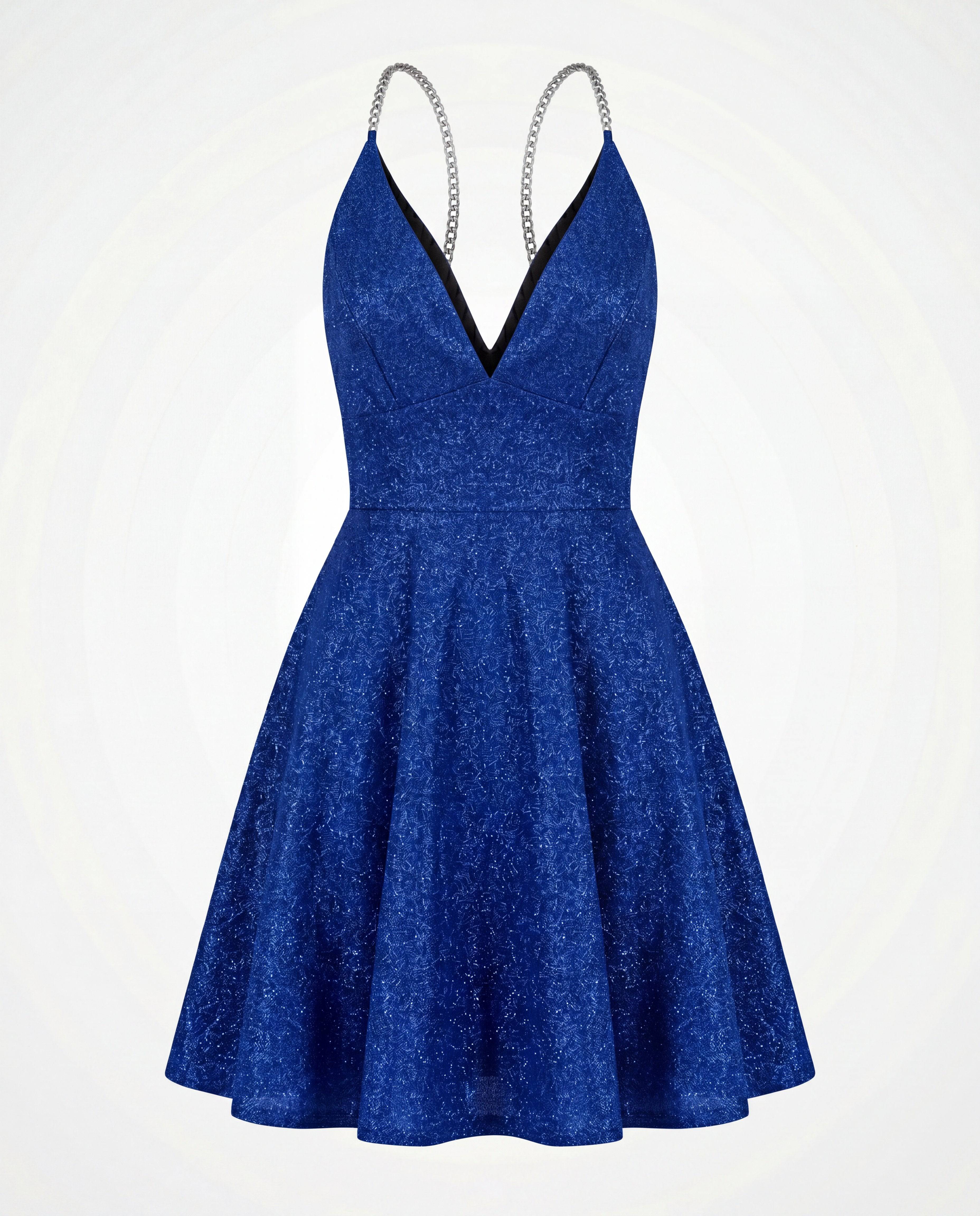 ROMAR glitter chain strap skater mini dress featuring a stylish design with shiny chain straps and a fitted silhouette.