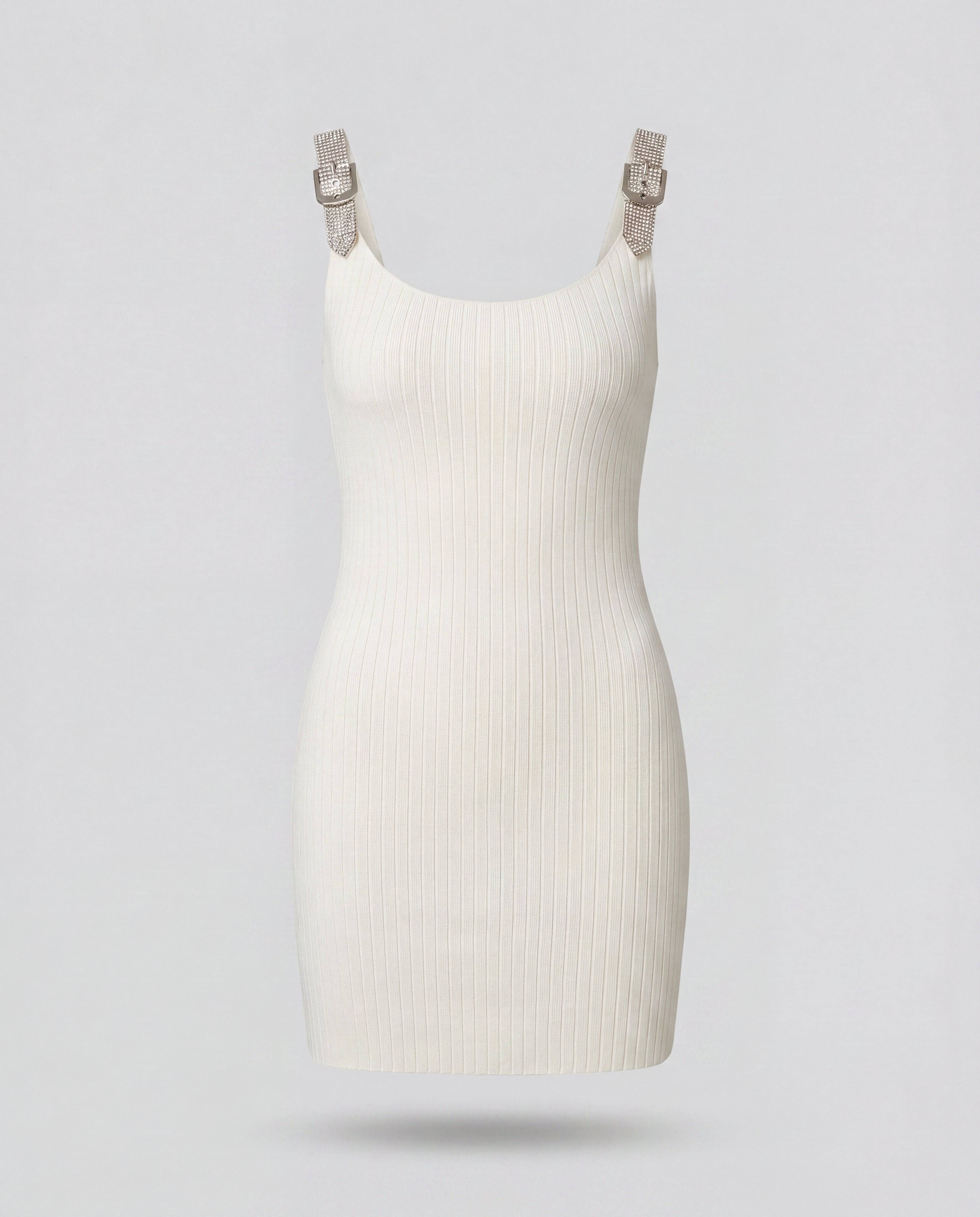 ROMAR Crystal Buckle Strap Ribbed Knit Mini Dress featuring a fitted silhouette, crystal buckle straps, and textured ribbed fabric.