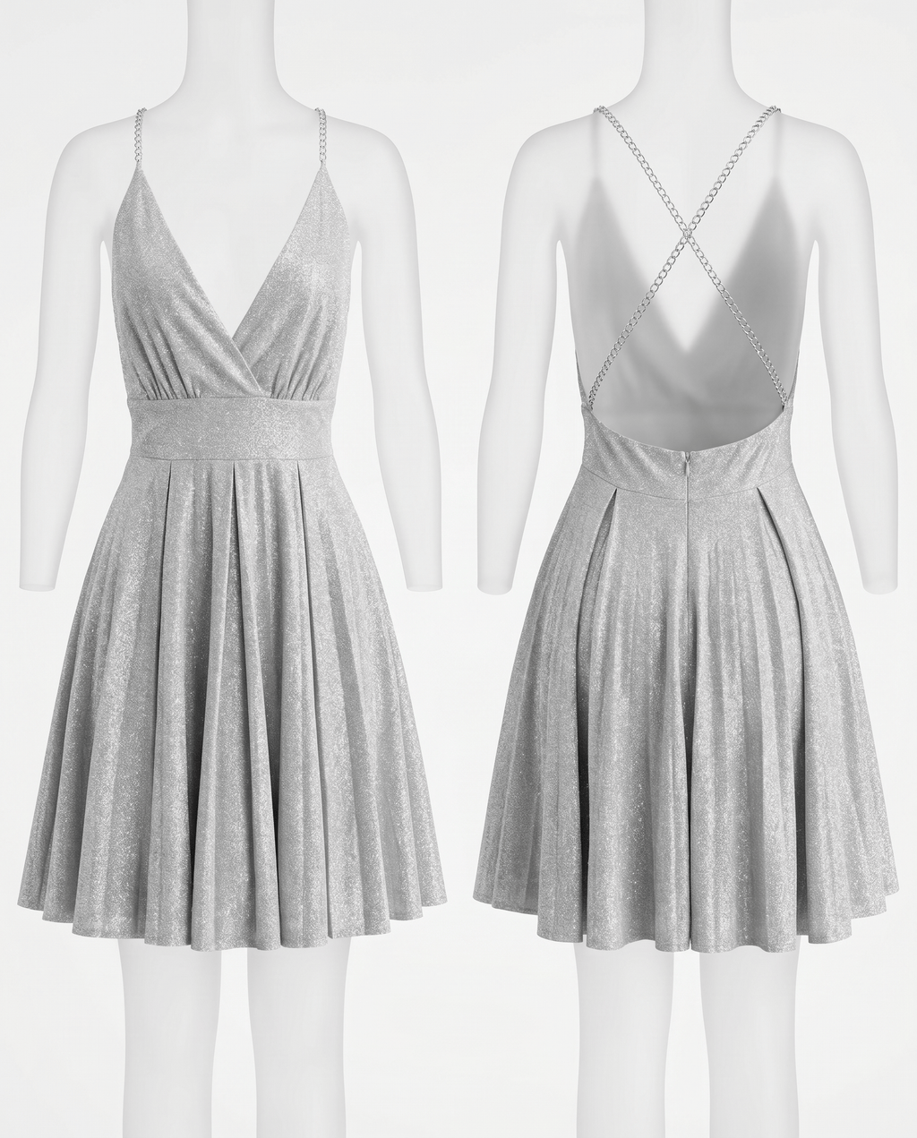 ROMAR glitter wrap crossback chain strap skater dress featuring a stylish design and shimmering fabric, ideal for trendy occasions.