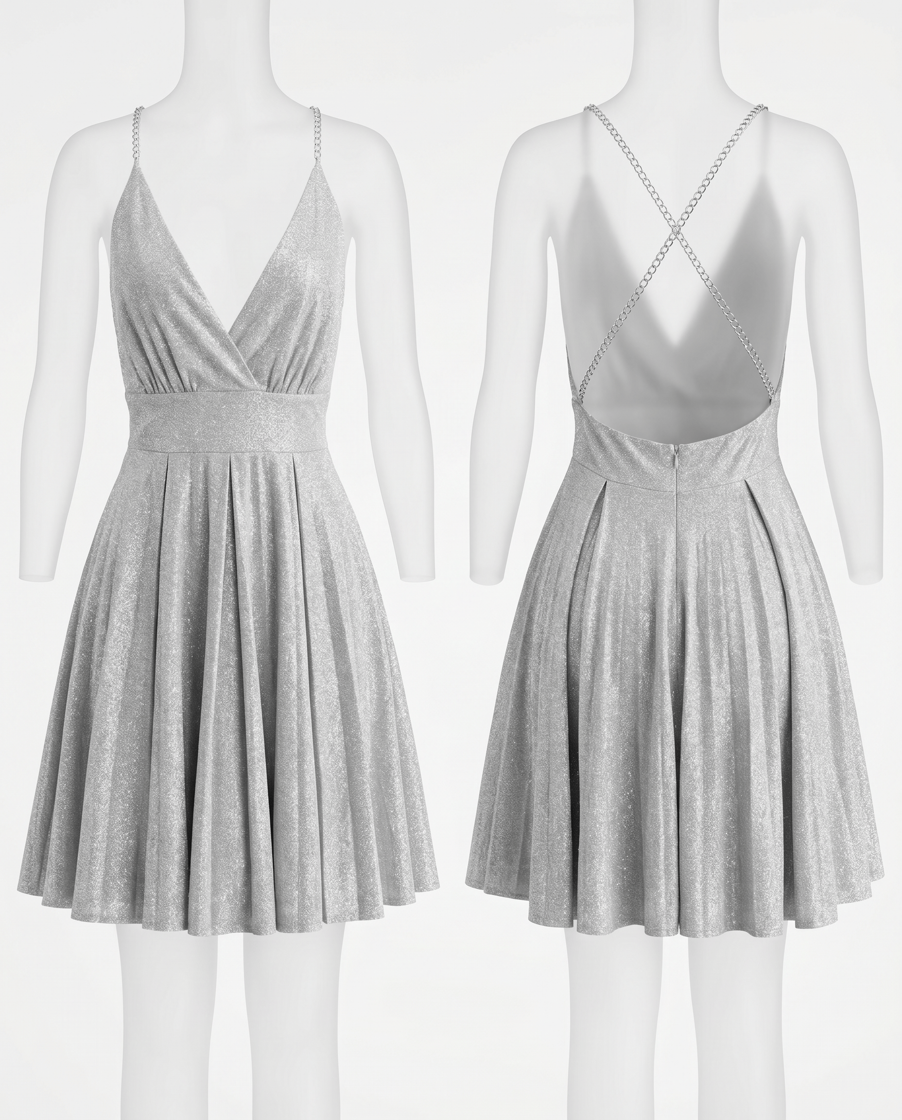 ROMAR glitter wrap crossback chain strap skater dress featuring a stylish design and shimmering fabric, ideal for trendy occasions.