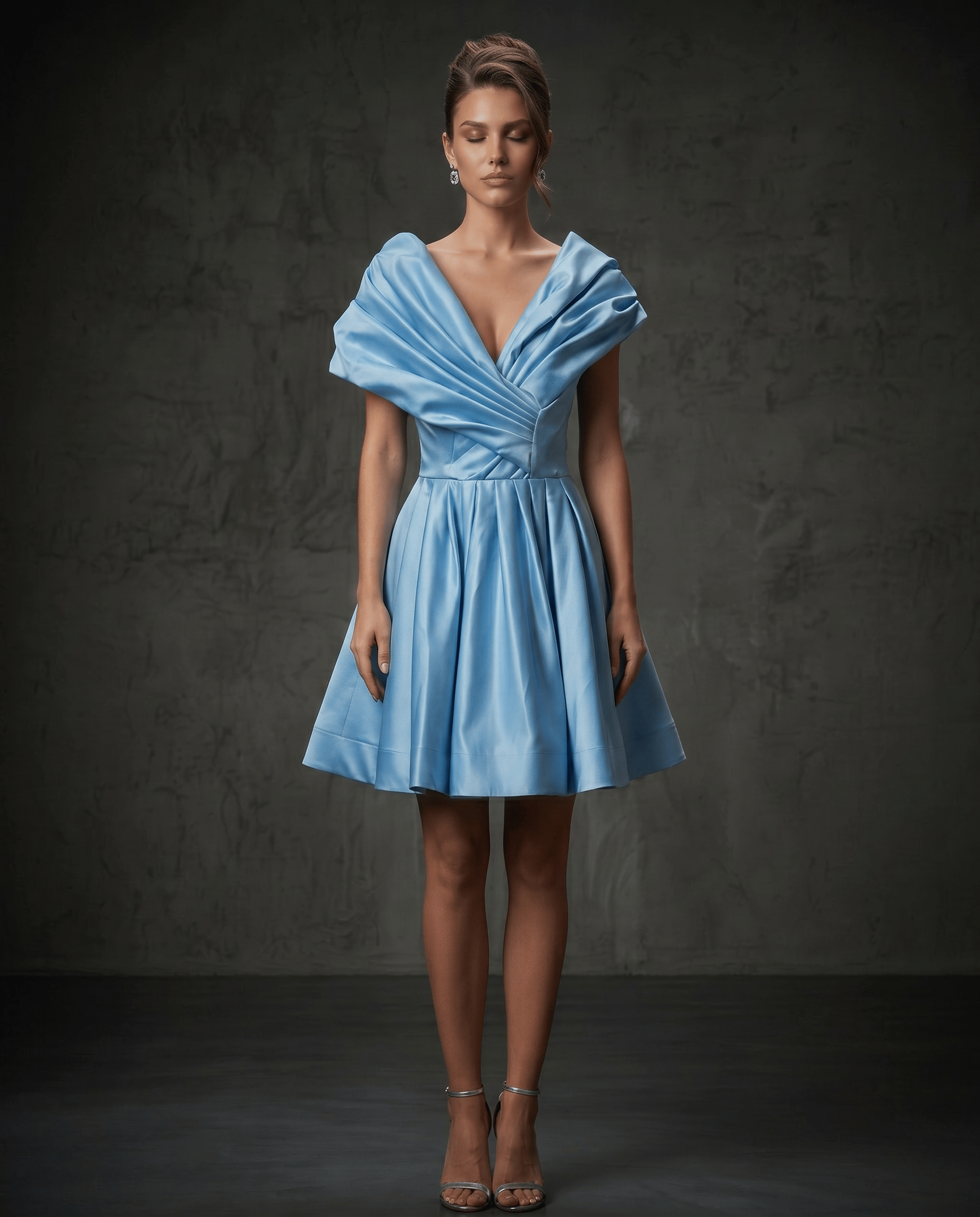 ROMAR satin off-shoulder corset mini prom dress showcasing a fitted, stylish design with off-shoulder sleeves and elegant satin fabric.