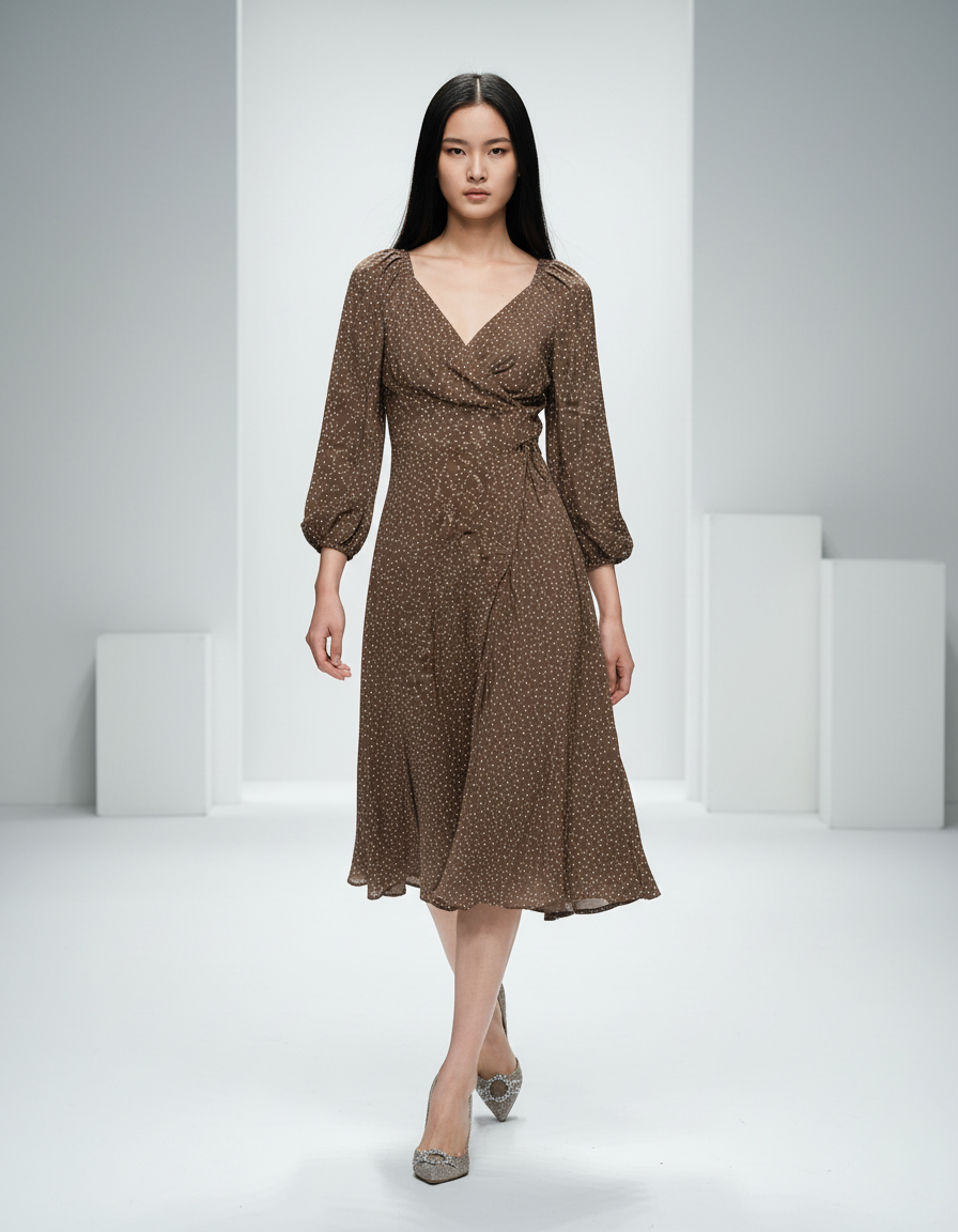 ROMAR Parisian Dot Wrap Midi Dress with long sleeves and a flattering silhouette, featuring a classic dot pattern.