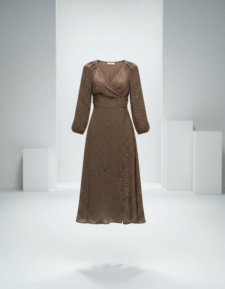 ROMAR Parisian Dot Wrap Midi Dress featuring a stylish wrap design and elegant midi length with a classic dotted pattern.