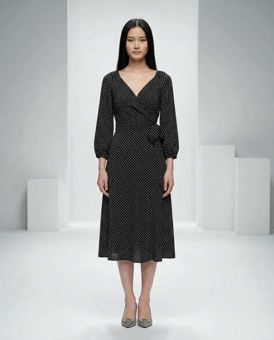 ROMAR Parisian Dot Wrap Midi Dress with long sleeves and a fitted waist, featuring a classic polka dot pattern.