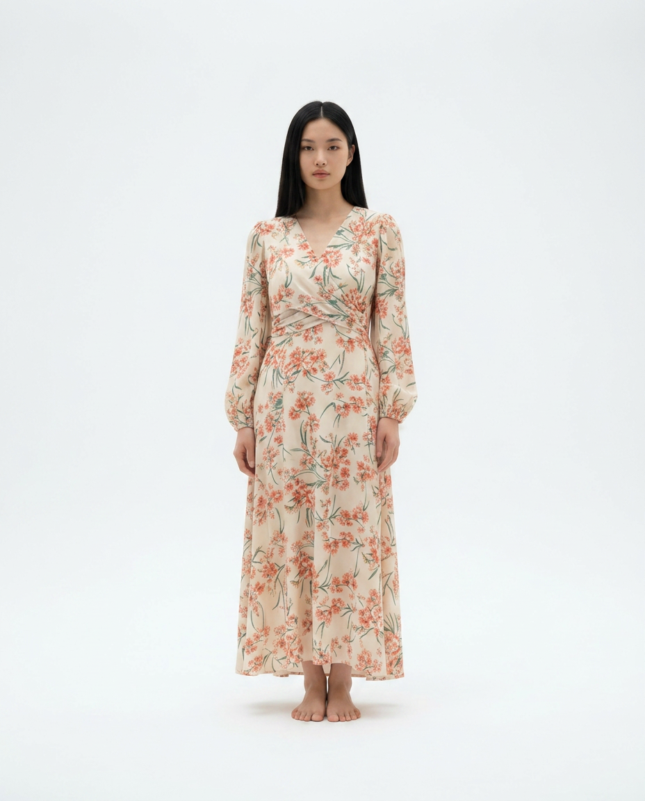 ROMAR Jardin Floral Wrap Maxi Dress featuring a vibrant floral pattern, flowing fabric, and elegant wrap design.