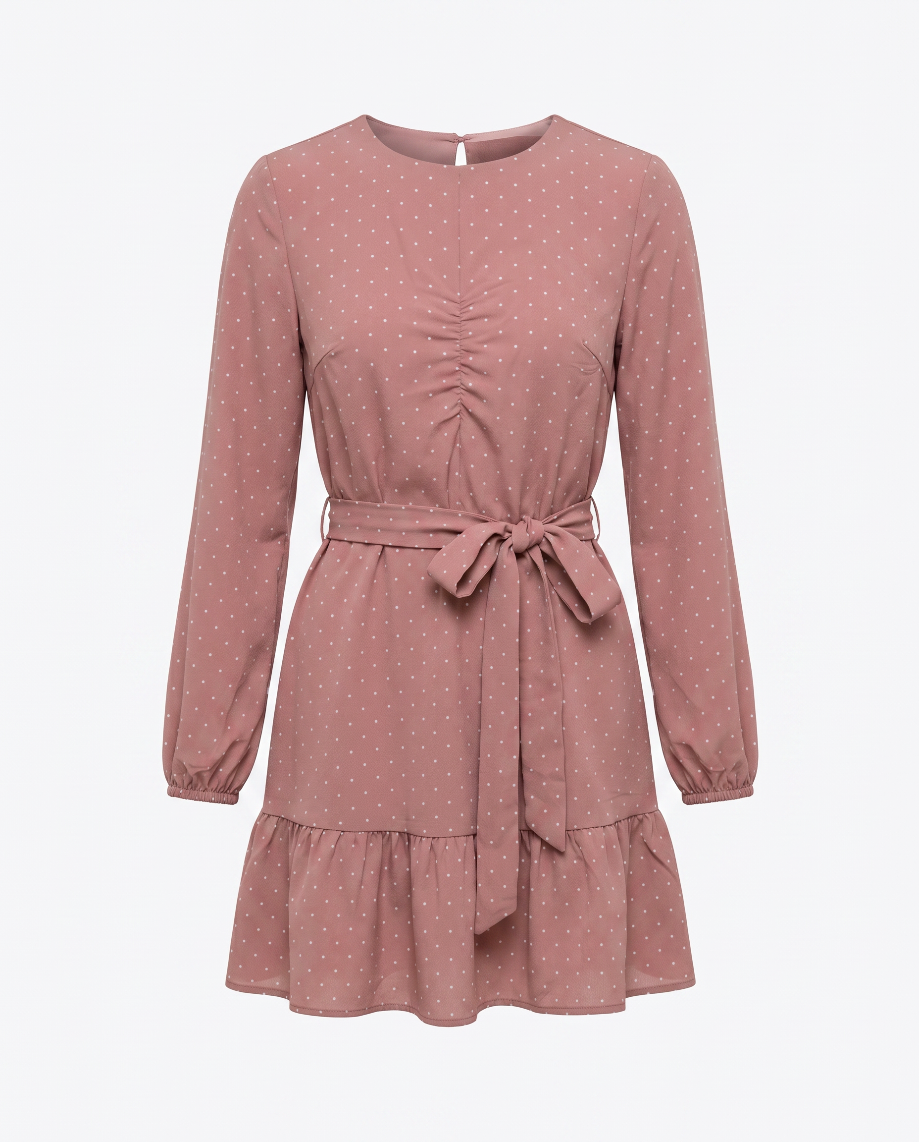 ROMAR polka dot mini dress with ruched tie waist and ruffle hem, casual chic dress for summer or special occasions.