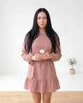ROMAR polka dot mini dress with ruched waist, tie front, and ruffle hem, perfect for casual or summer wear.