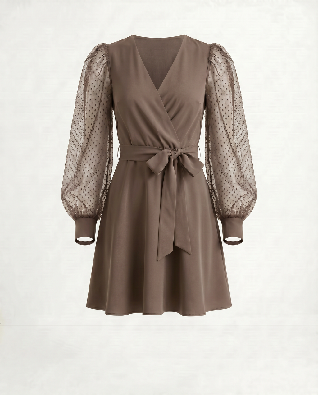 ROMAR Velvet Hour Mesh Sleeve Wrap Dress displayed on a model, featuring a stylish velvet fabric with elegant mesh sleeves.