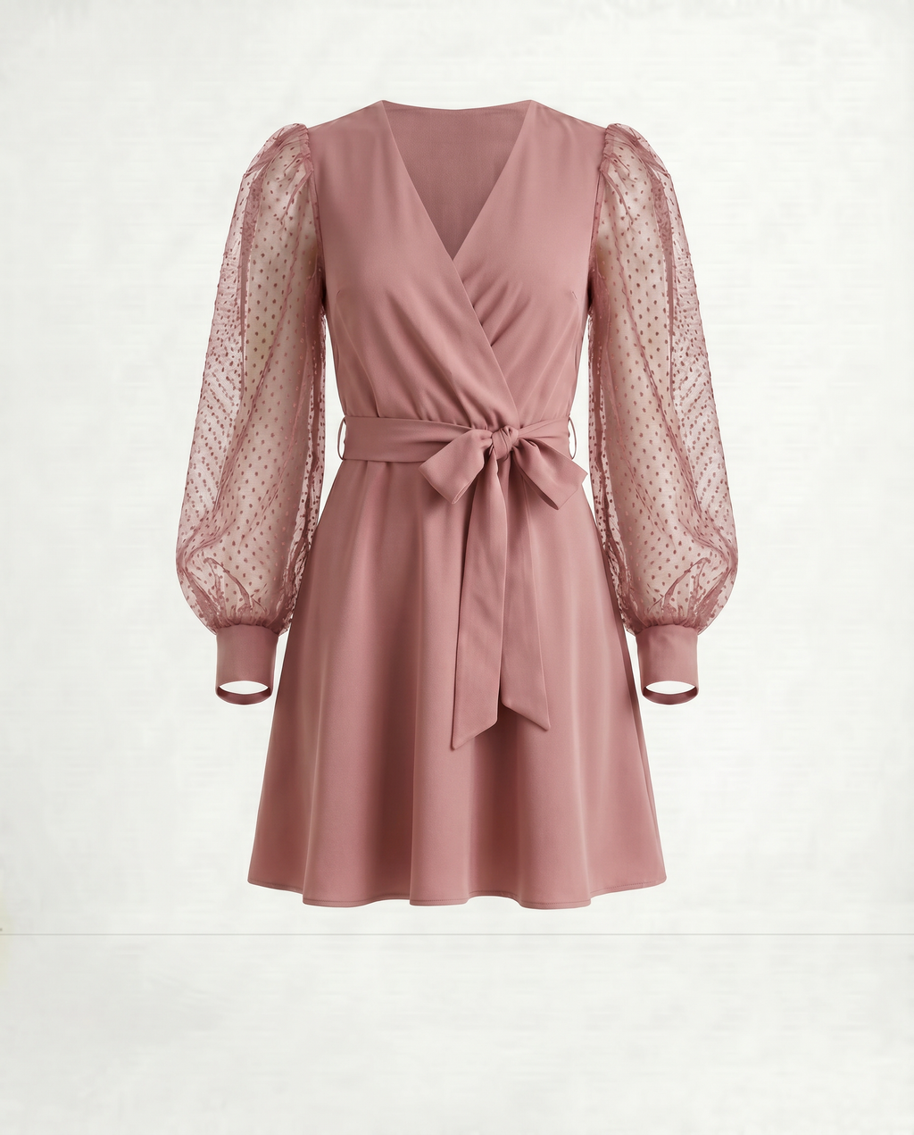 ROMAR Velvet Hour Mesh Sleeve Wrap Dress, elegant black dress with sheer mesh sleeves and a flattering wrap design.