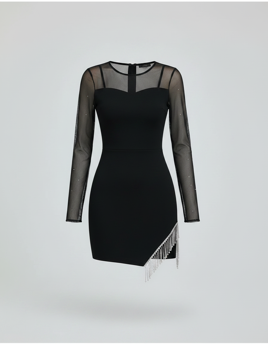 ROMAR crystal fringe mesh mini dress with shimmering embellishments and a stylish, fitted silhouette for evening wear.