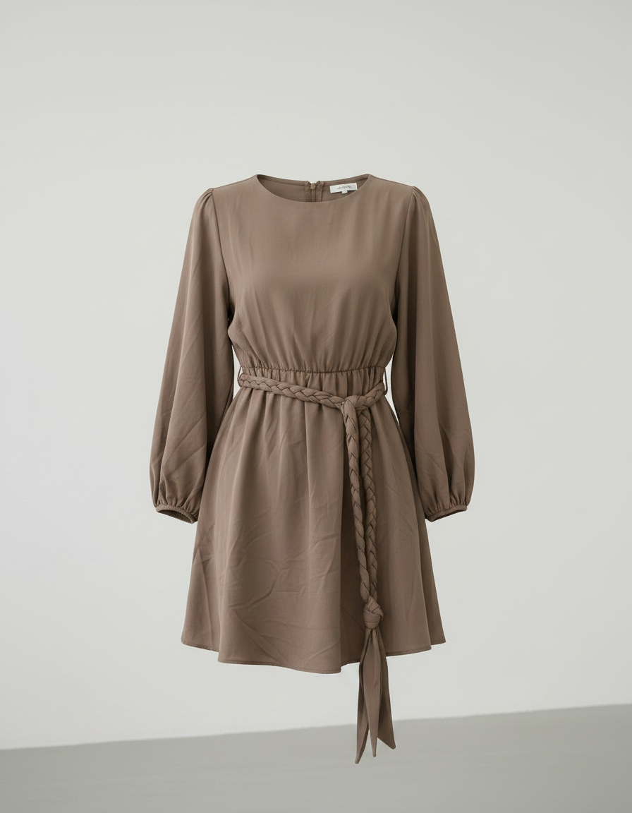 ROMAR puff sleeve braided belt mini dress featuring a stylish design with puff sleeves and a braided waist detail.