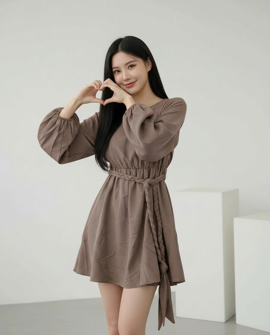 ROMAR puff sleeve braided belt mini dress featuring stylish puff sleeves and a fitted silhouette, perfect for casual or dressy occasions.