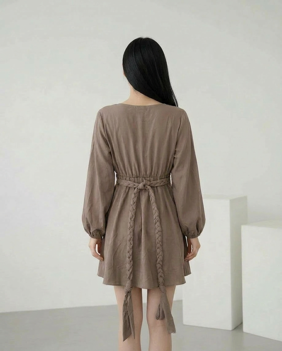 ROMAR mini dress with puff sleeves and braided belt, stylish and casual for everyday wear displayed in the image.