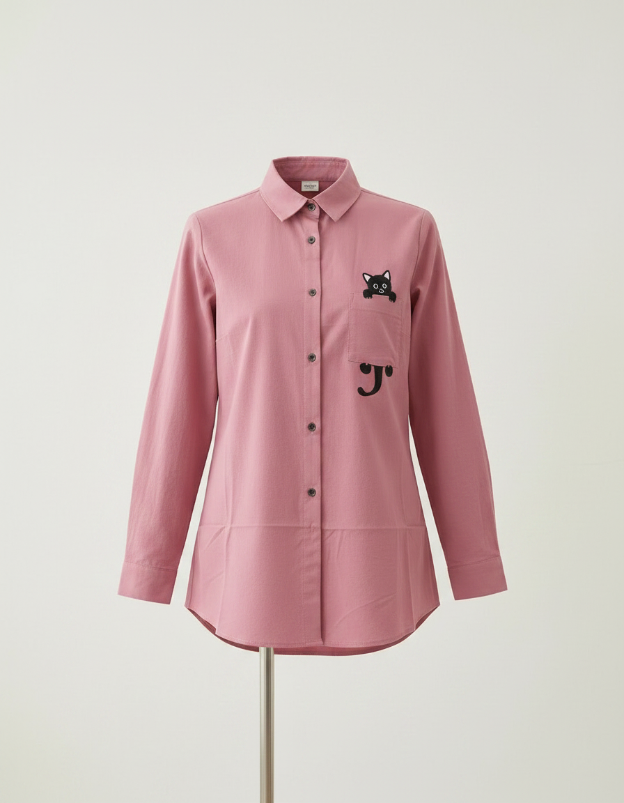 ROMAR Minou embroidered cat pocket shirt, casual tops with feline embroidered detail, soft fabric, stylish and comfortable for everyday wear.