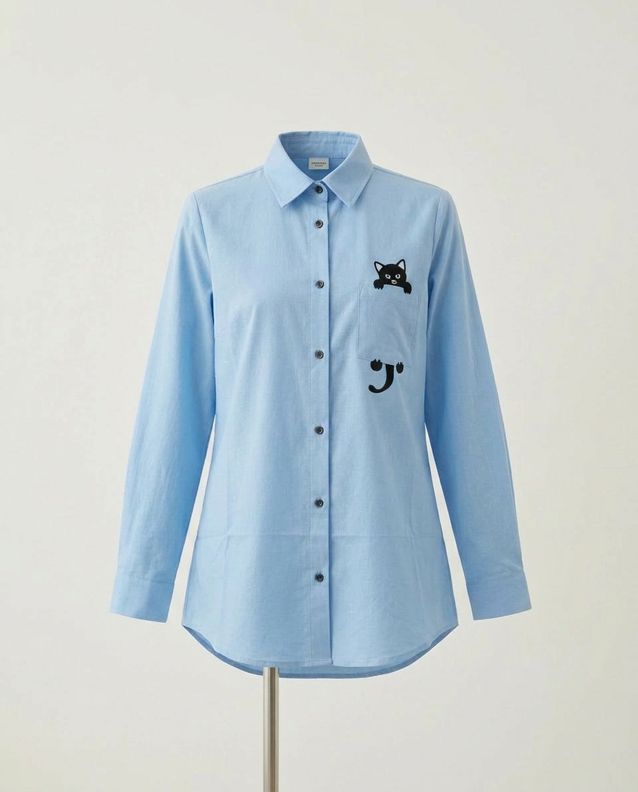 ROMAR Minou embroidered cat pocket shirt, a stylish top featuring a charming cat embroidery and a front pocket design.