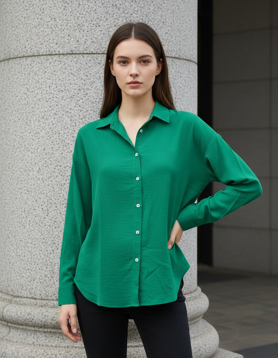 ROMAR Luxe Crepe Relaxed Shirt, stylish women's top in soft crepe fabric, displayed on a hanger.
