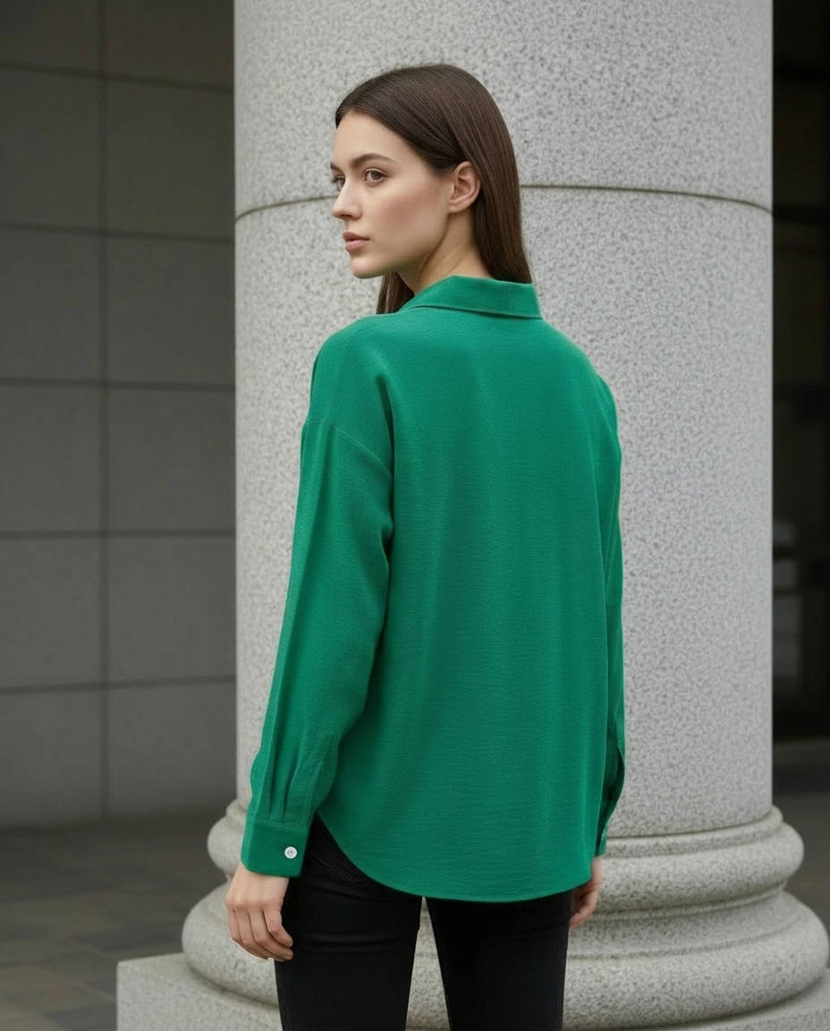ROMAR Luxe Crepe Relaxed Shirt, stylish tops with soft crepe fabric and relaxed fit, displayed on a hanger.