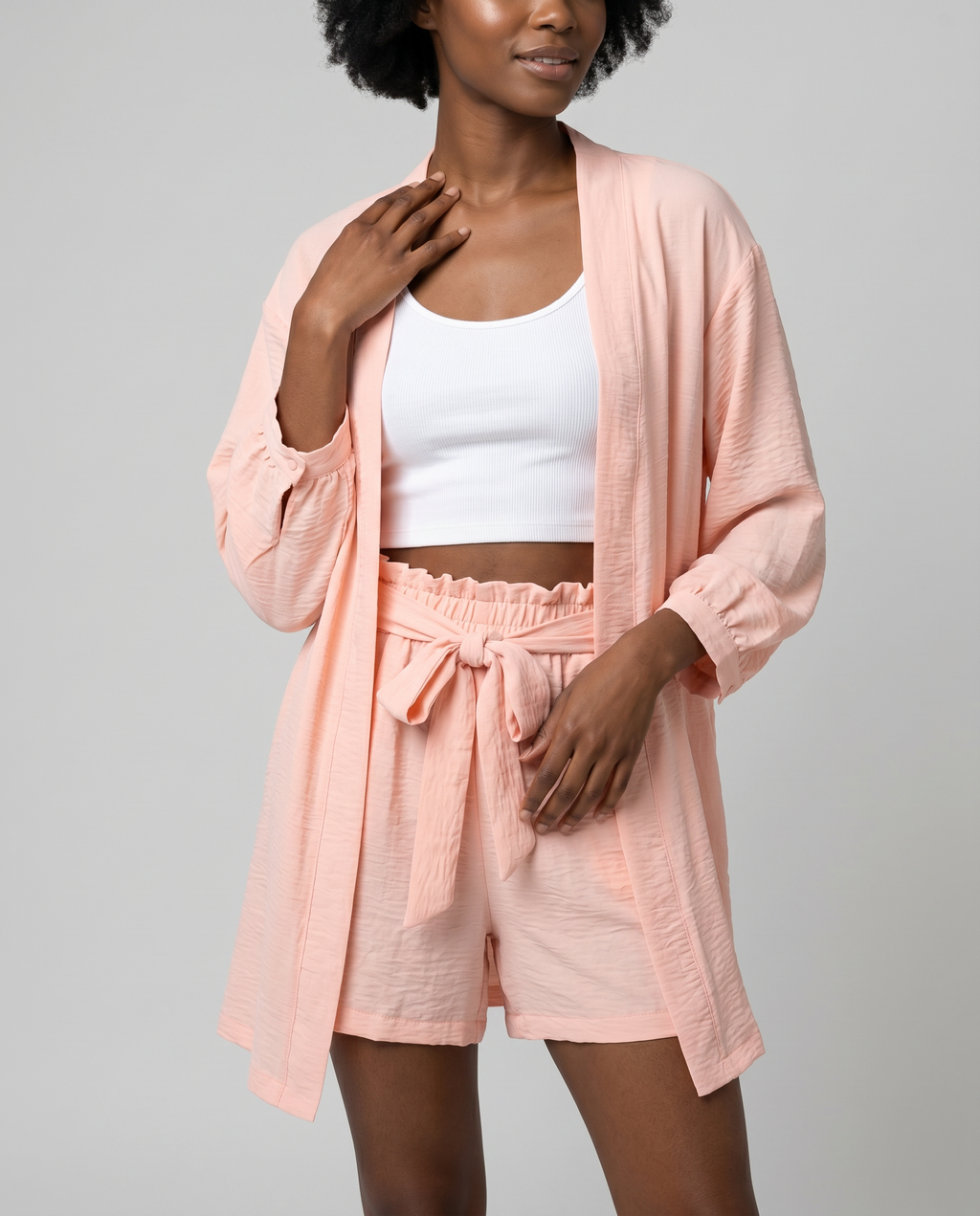 ROMAR Soleil kimono and shorts co-ord set, stylish matching jacket and shorts with floral pattern for a casual summer look.