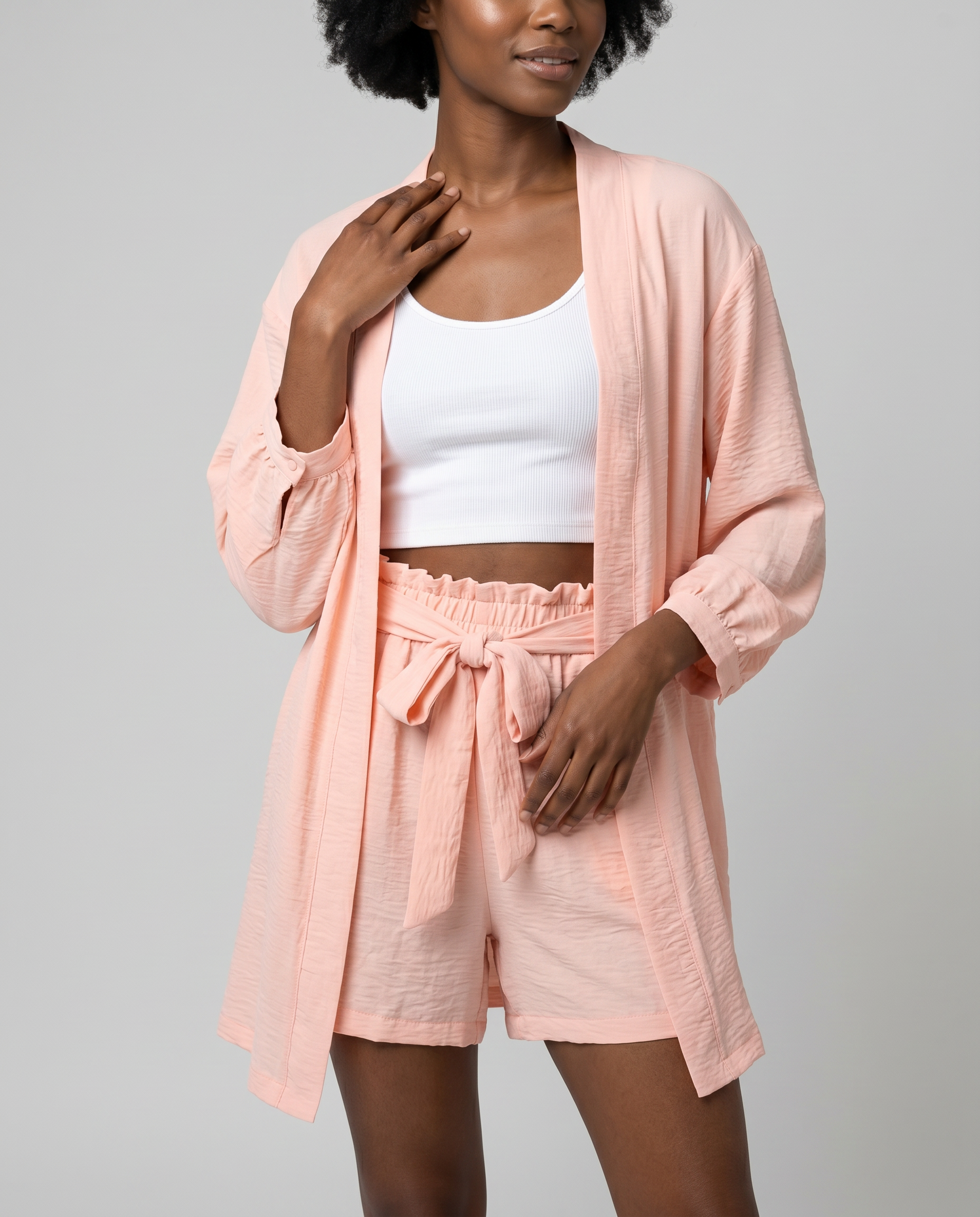 ROMAR Soleil kimono and shorts co-ord set, stylish matching jacket and shorts with floral pattern for a casual summer look.