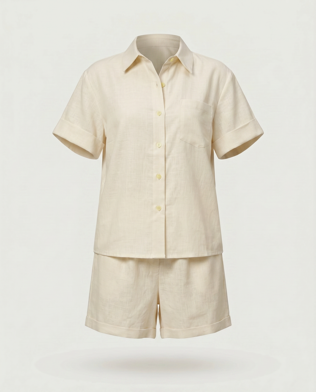 ROMAR Soleil linen shirt and shorts co-ord set, lightweight linen jacket and matching shorts, casual summer fashion ensemble.