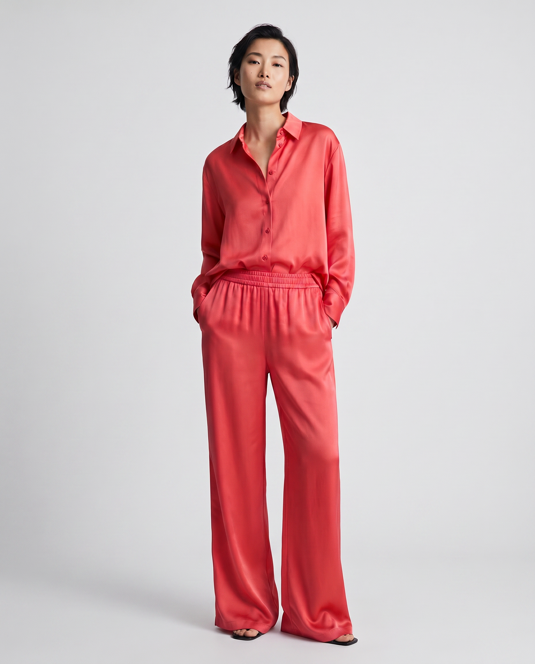 ROMAR Lumière Satin Co-ord Set tops featuring silky fabric and stylish design, perfect for chic, coordinated fashion looks.