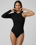 Ribbed one-shoulder twist bodysuit by ROMAR, featuring fitted ribbed fabric and stylish asymmetrical design.