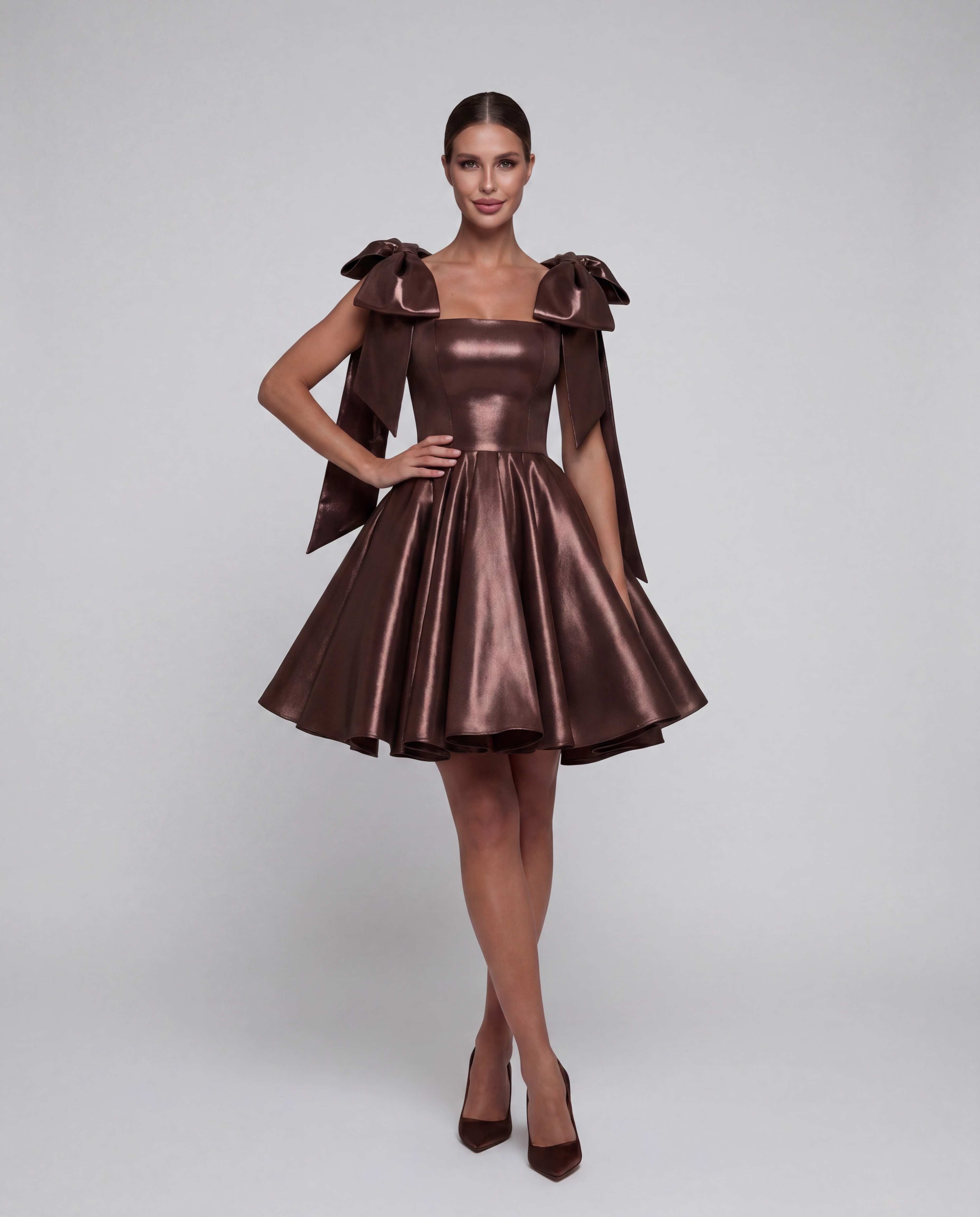 ROMAR satin corset mini dress featuring a bow back design and fitted silhouette, perfect for stylish evening wear.