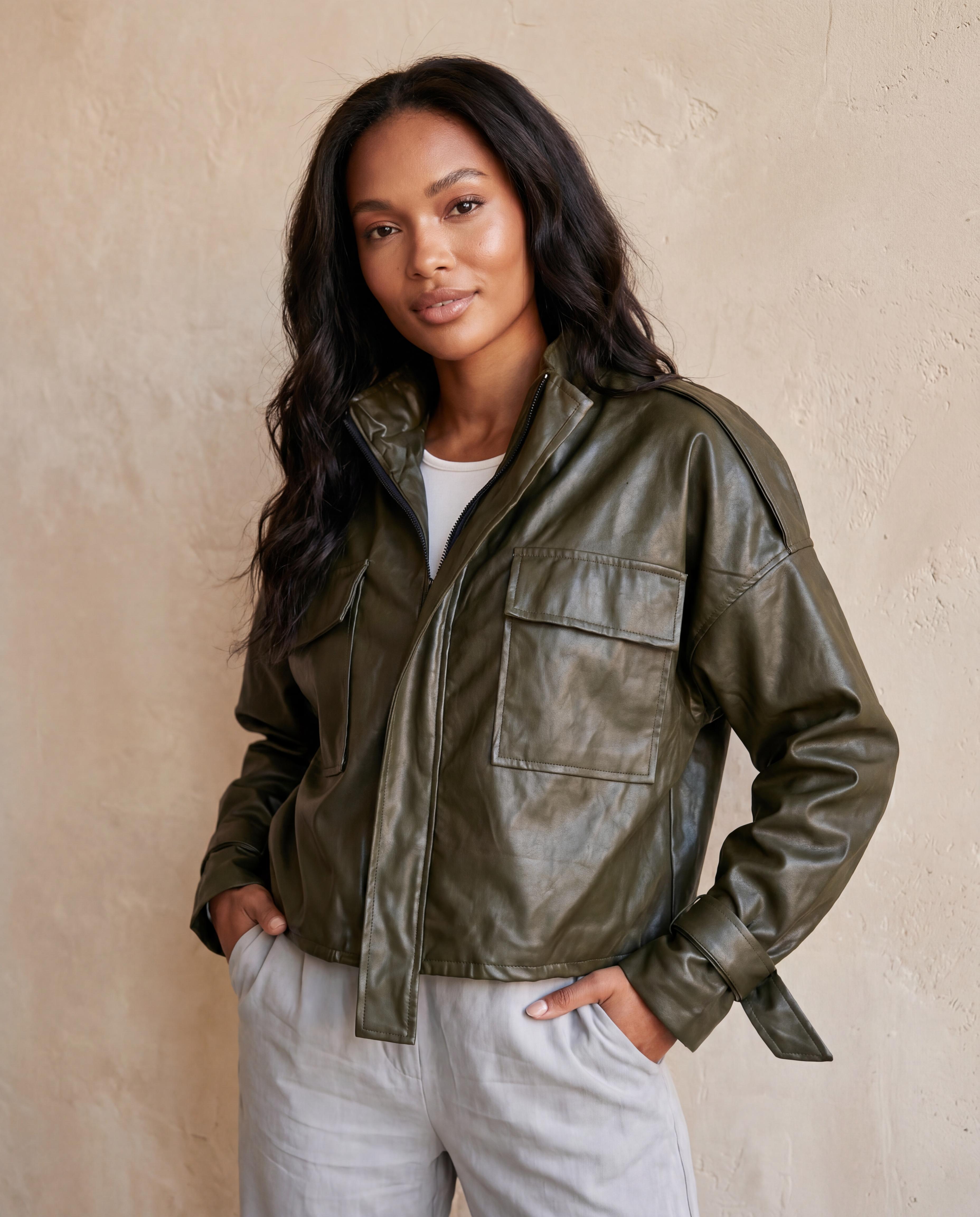ROMAR faux leather utility bomber jacket with ribbed collar and cuffs, featuring multiple front pockets and a sleek, modern design.