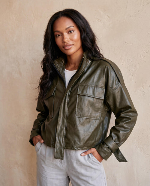 ROMAR faux leather utility bomber jacket with ribbed collar and cuffs, featuring multiple front pockets and a sleek, modern design.