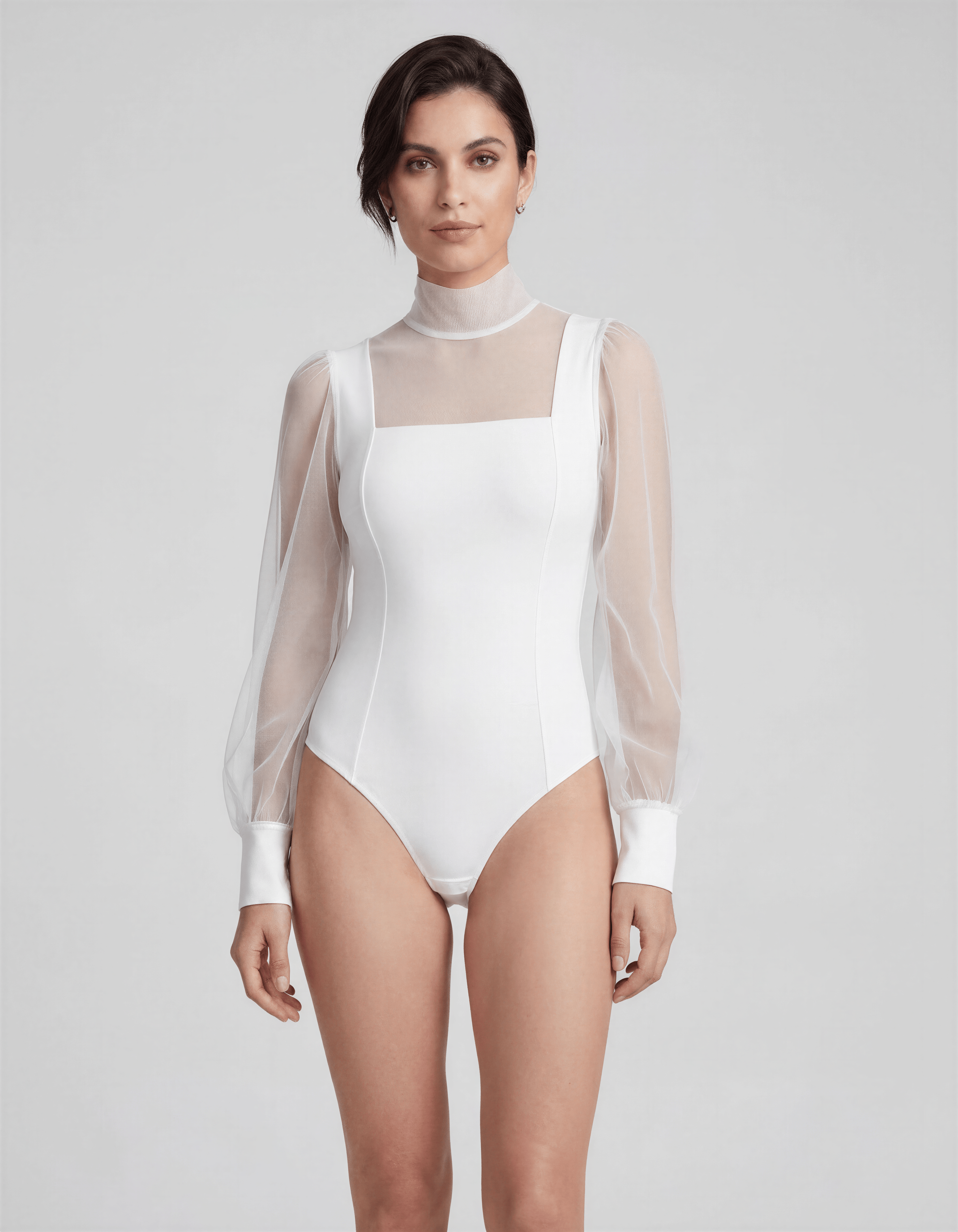 ROMAR high neck mesh puff sleeve bodysuit showcasing a fitted design with sheer mesh fabric and stylish puffed sleeves.