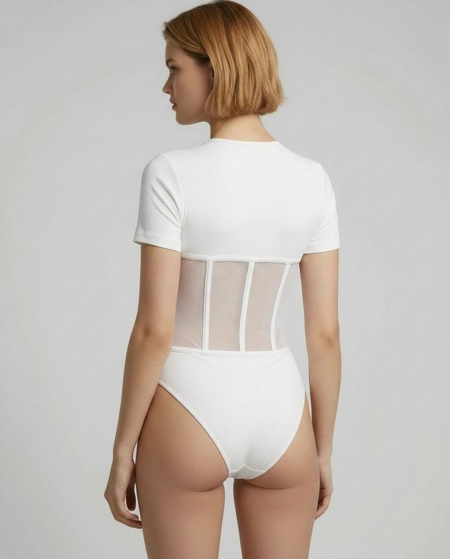 Black ribbed corset mesh panel bodysuit by ROMAR, form-fitting with textured ribbing and stylish mesh details.