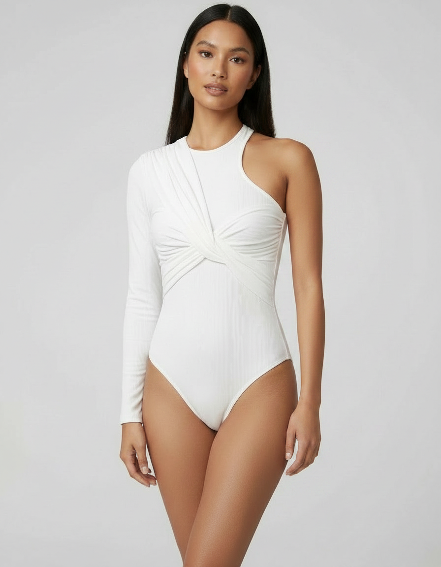 ROMAR ribbed one-shoulder twist bodysuit, close-up showing fitted design and stylish shoulder detail.