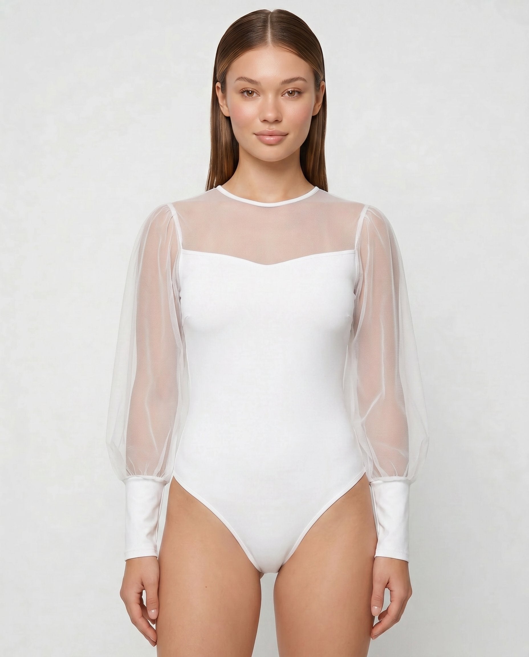 Sheer Organza Puff Sleeve Bodysuit
