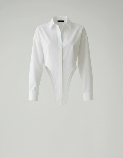 ROMAR Blanc shirt bodysuit, stylish and fitted, with long sleeves and a classic collar, displayed on a neutral background.
